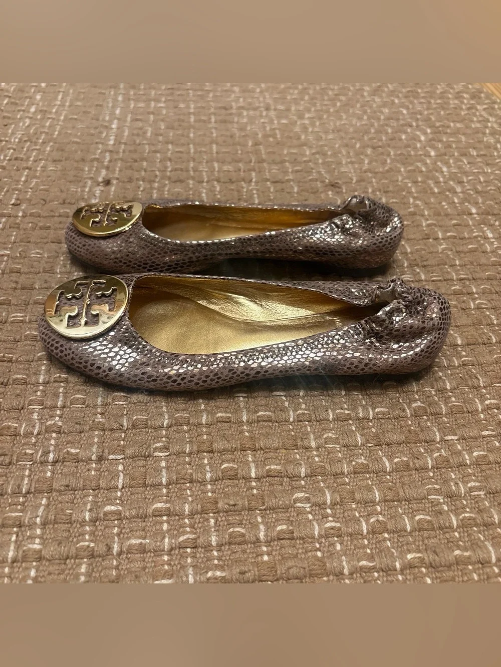 Tory Burch Rose Metallic Snake-Effect Logo Ballet Flats